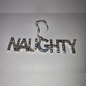 Sparkling Rhinestone 'Naughty' Ornament On White Ribbon, New Without Tags